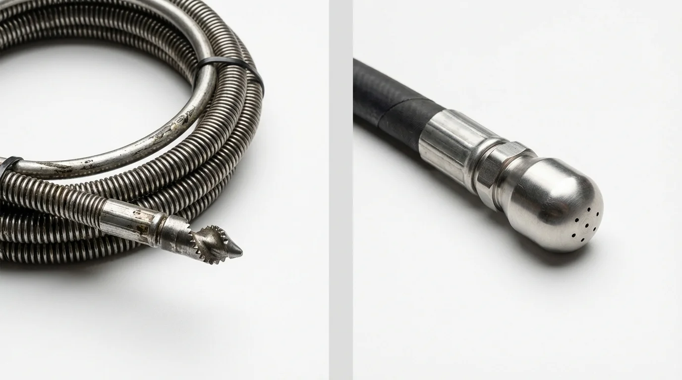 Drain snake cable and hydro jetting nozzle used for drain cleaning in Universal City, CA